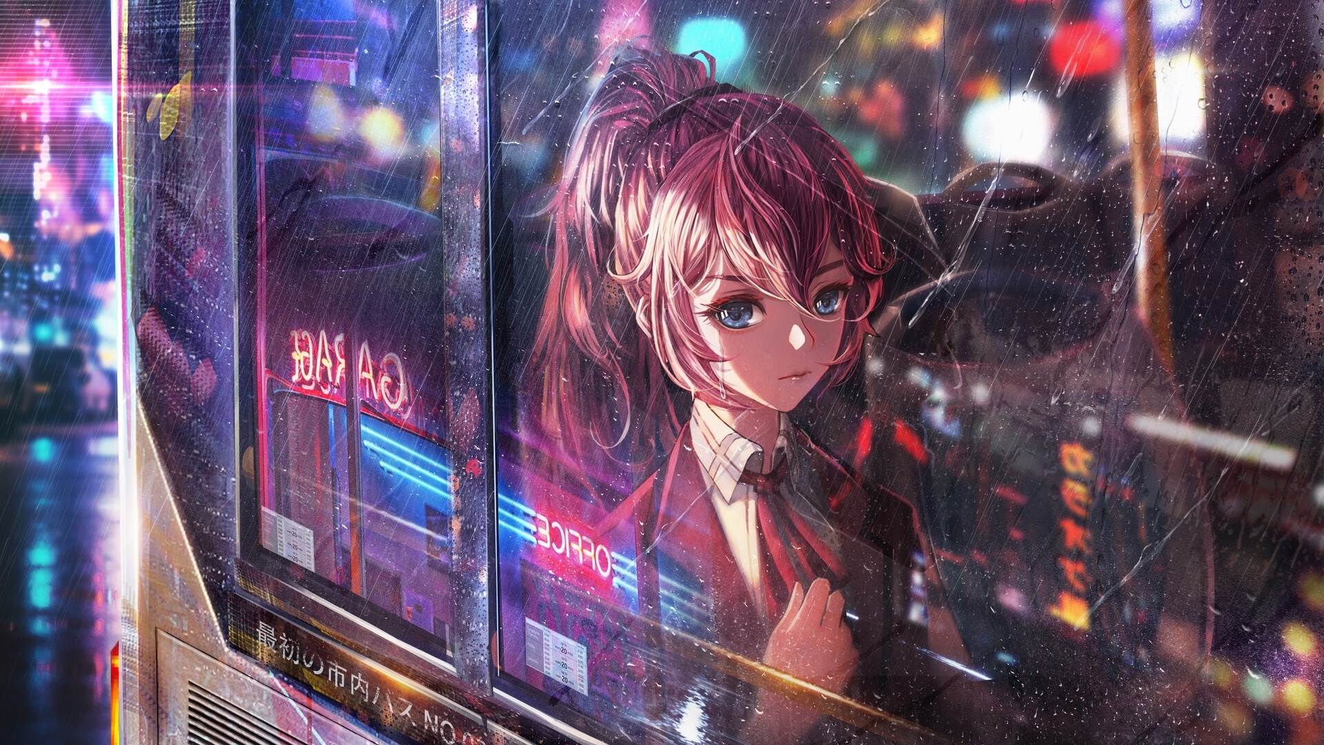 布满雨珠的公交车窗前，红发高马尾蓝眼少女身后是紫橙冷蓝交织的雨夜城市霓虹散景。