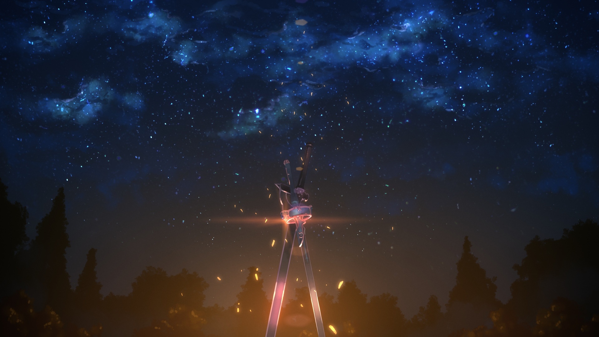 蓝紫色银河夜空下，相交双剑散发暖粉红光晕，暗色树林剪影横卧在画面底部，金色星火缓缓飘散。