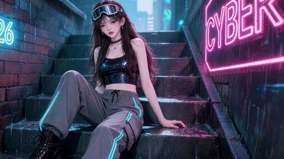 赛博雨天美女