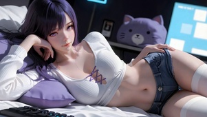 紫发卧室休闲美少女