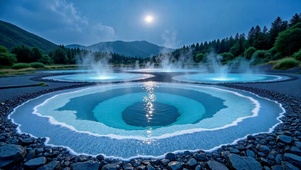 月夜林间梦幻蓝池温泉