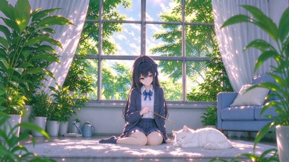日漫治愈系少女逗猫