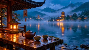 夜晚山水湖畔
