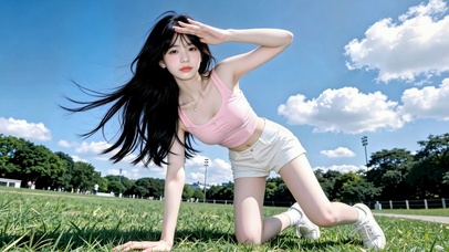晴空草地清纯美女