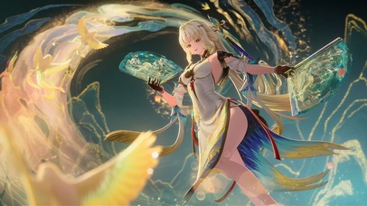 白裙金鸟 折扇少女