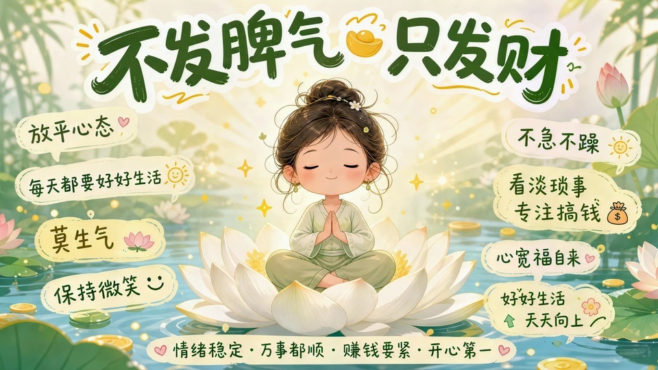 荷塘水景中，梳盘髻穿浅绿衣的卡通女孩闭着眼盘坐粉色莲花上合十，水面漂浮着金元宝和金色古钱币，背景是青绿色竹林。