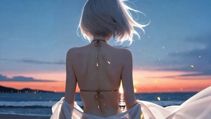 银发少女海边落日背影