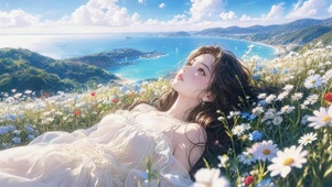 海边山披上女孩