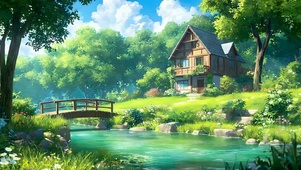 白云树木河流