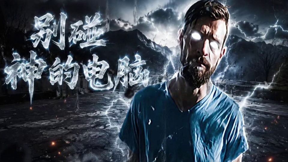 荒野闪电场景里，发光眼的蓝衣胡须男子站在右侧，左侧是带冰效的电光汉字。