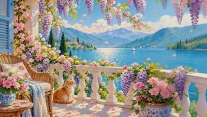湖边鲜花小屋