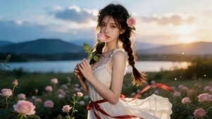 晚霞中鲜花女孩