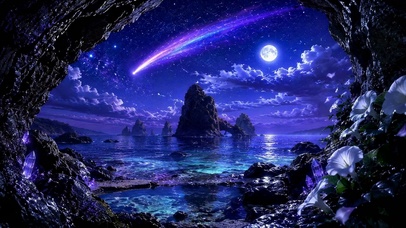 紫夜星空海岸流星满月