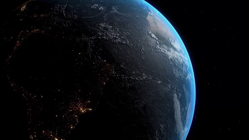 宇宙视角下的类地行星夜景，淡蓝色大气边缘泛光，夜半球布满城市暖金色灯火