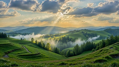 晨光薄雾青山绿野治愈风景