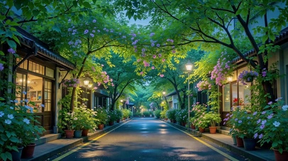 静谧花香雨后街道