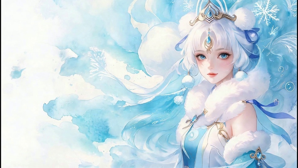 水彩风白发蓝眸古风少女，着蓝白毛绒边服饰，背景浅蓝晕染点缀雪花气泡。