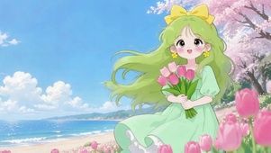 海边樱花下的可爱女孩