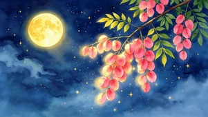 月夜星空下的粉色花枝