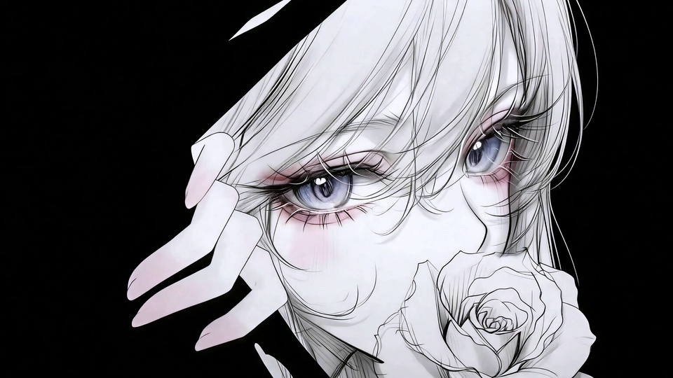 暗黑线稿白发少女，手旁勾勒一朵白玫瑰，纯黑背景