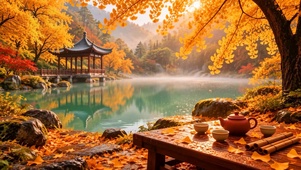 秋天山水湖边