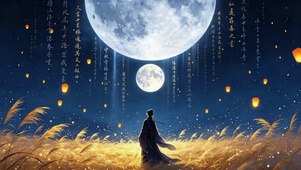 月下古风芦苇孔明灯夜景