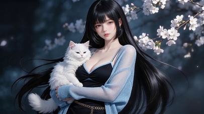 樱花树下抱猫少女
