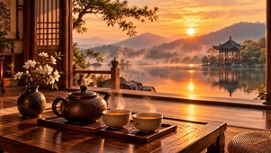 木屋夕阳湖畔品茶