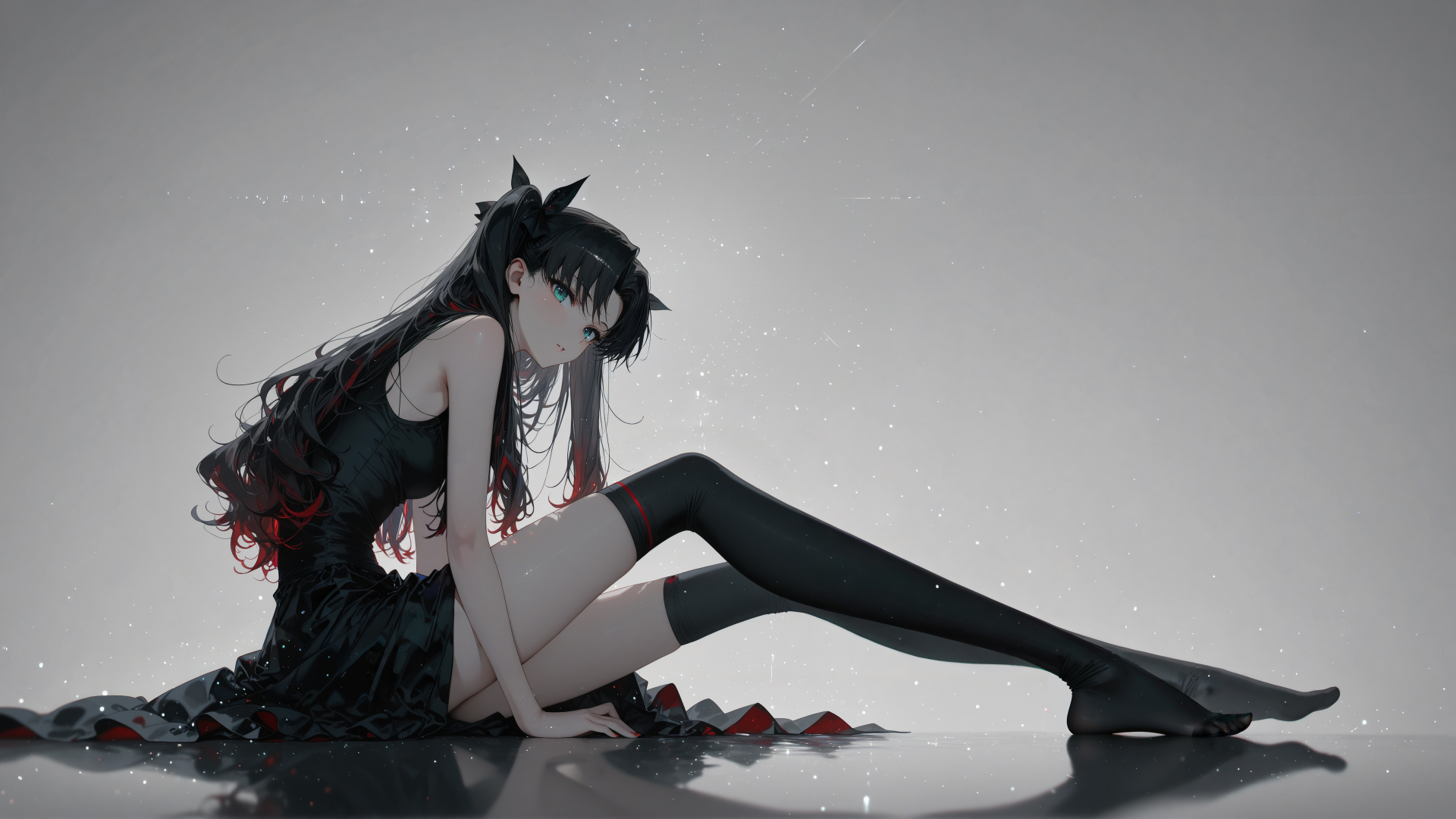 双马尾少女身着黑色裙装与黑过膝袜，在浅灰空间的反光地面落座，周围漂浮细碎星点。