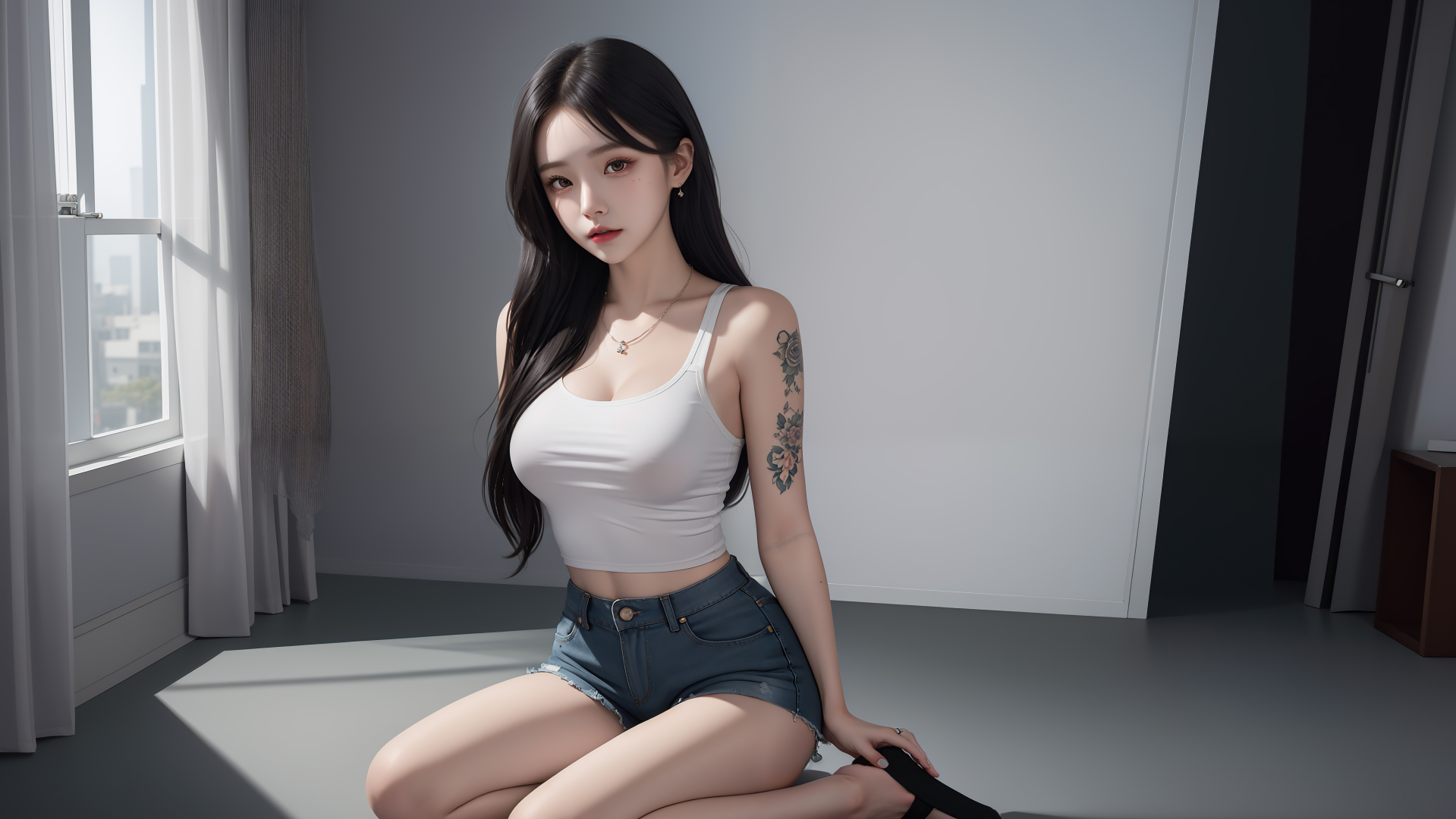黑色长直发年轻女性身着白色短款吊带背心与深蓝色毛边牛仔短裤，跪坐在浅灰色地面上，左臂带有花卉纹身，背景是装有白纱和灰色窗帘的窗边，窗外可见城市远景。
