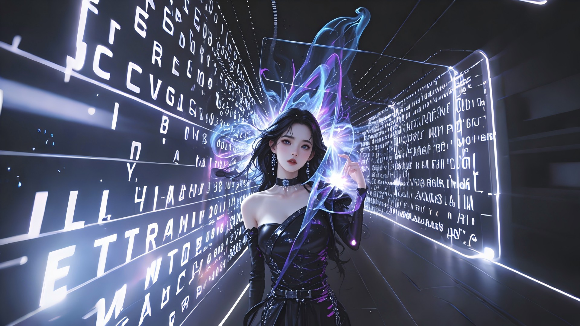 黑长发少女站在发光字符廊道中，身后托着蓝紫霓虹光效，身着黑紫闪片露肩长裙。