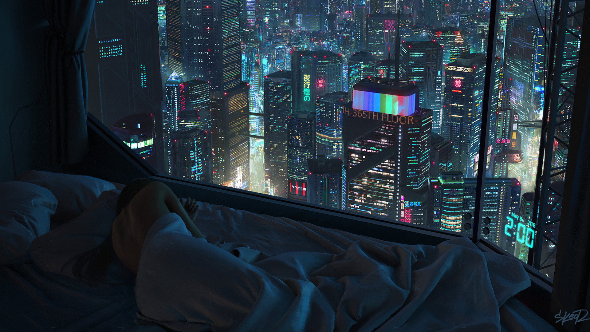 窗边床上的人物望向灯火璀璨的赛博都市夜景