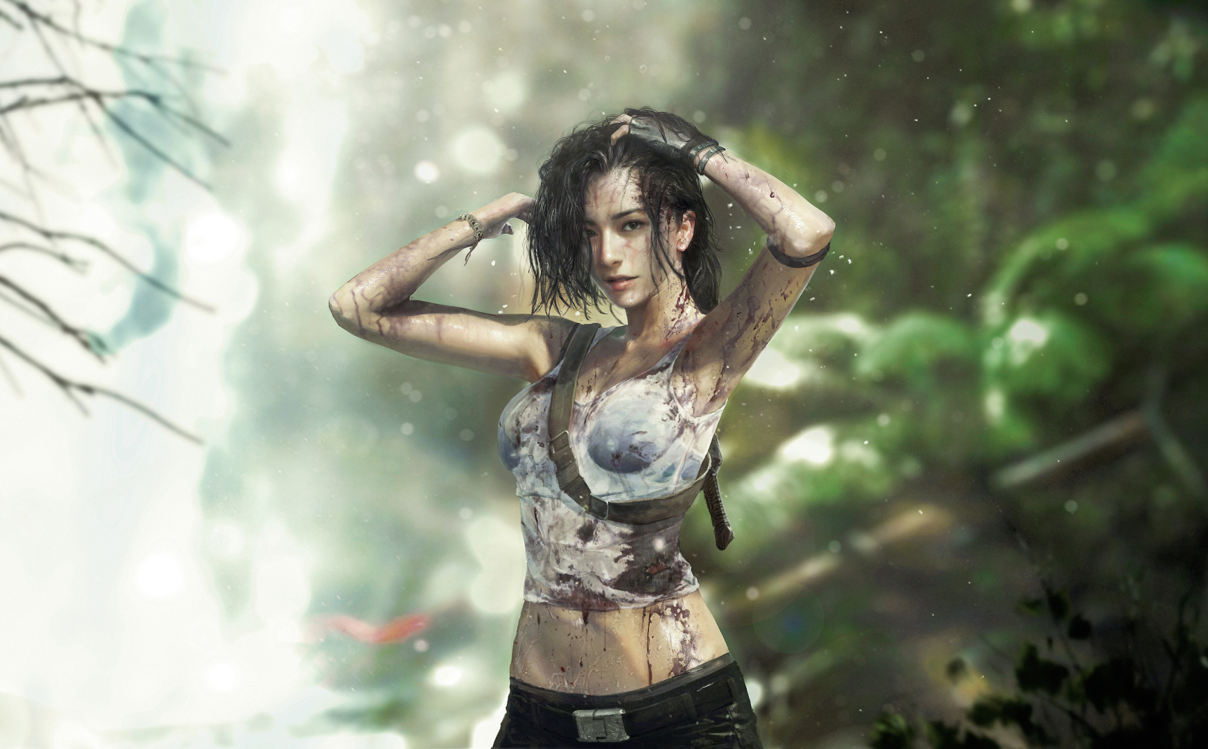 沾有血渍与泥污的湿身女性站在虚化丛林中，双手扶着头发看向镜头。